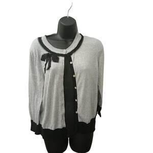 Loft Gray&Black Cardigan Ribbon Detail Neckline Buttoned Lightweight L